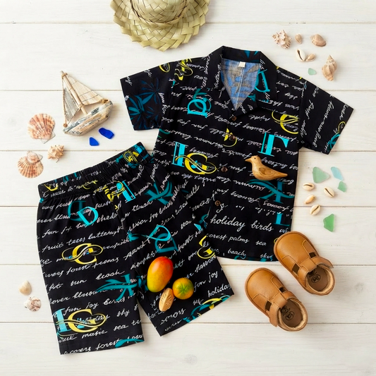 Black Letter Kids Linen Half Sleeve Tee & Shorts Set