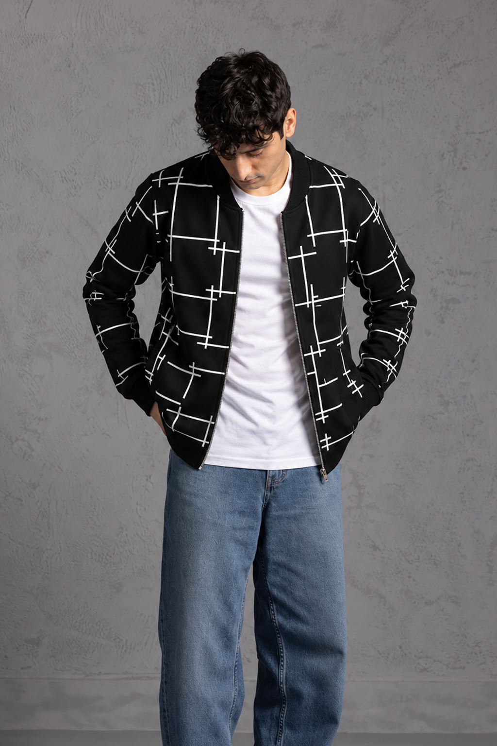 Winter Black Printed Zipper Jacket For Men