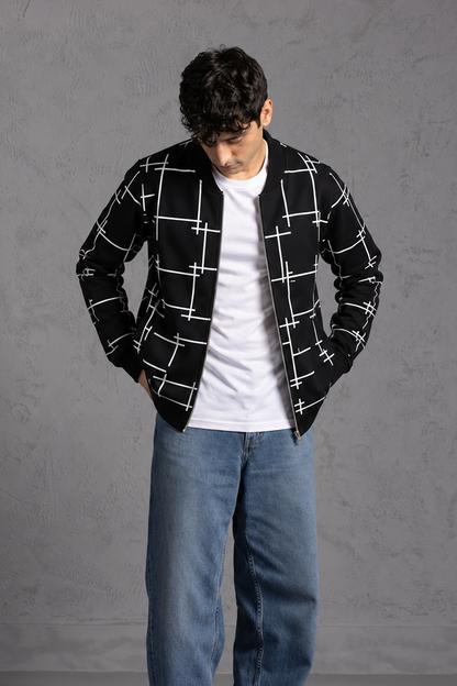 Winter Black Printed Zipper Jacket For Men