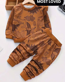 Brown Dinosaur Printed Kids Winter Suit