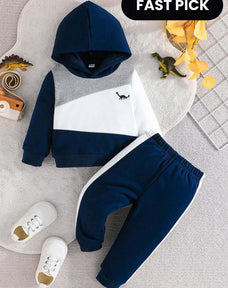 Navy Blue Panel Dinosaur Printed Kids Winter Suit