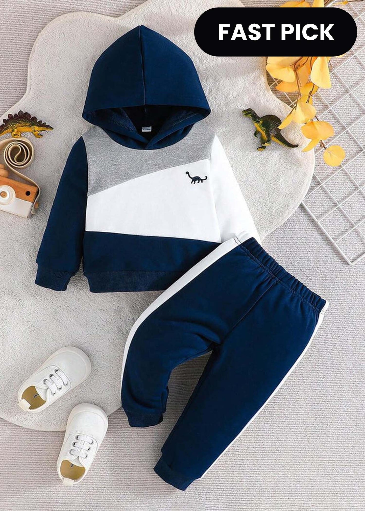 Navy Blue Panel Dinosaur Printed Kids Winter Suit