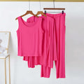 3 Piece Hot Pink Plain Nightwear