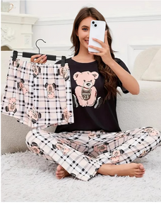 3 Piece Printed Night Suit Check Panda