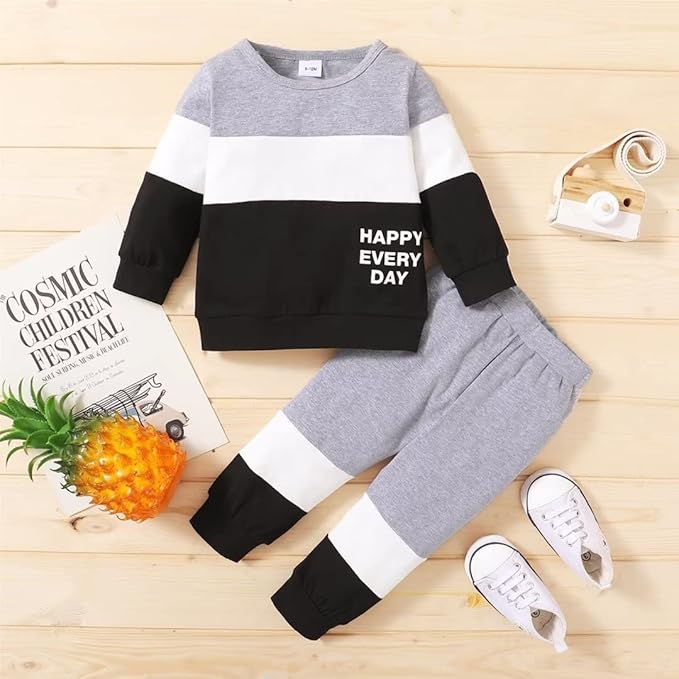Fleece Fabric Grey & Black Panel Happy Everyday Printed Kids Winter Suit ( Each )