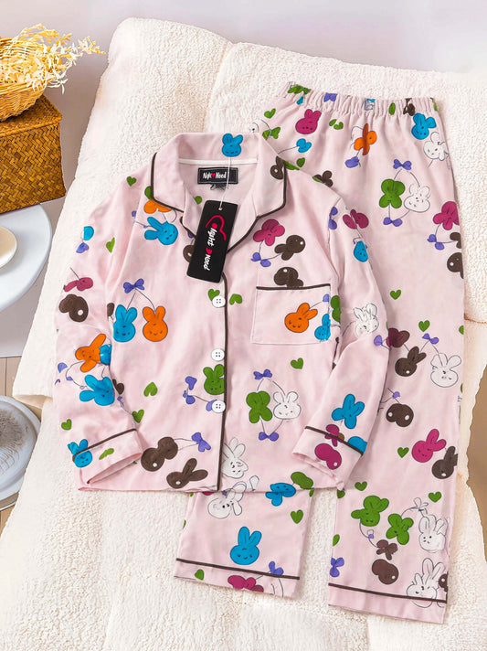 Kids Rabbit & Cherry Printed Crinkled Cotton Night Suit