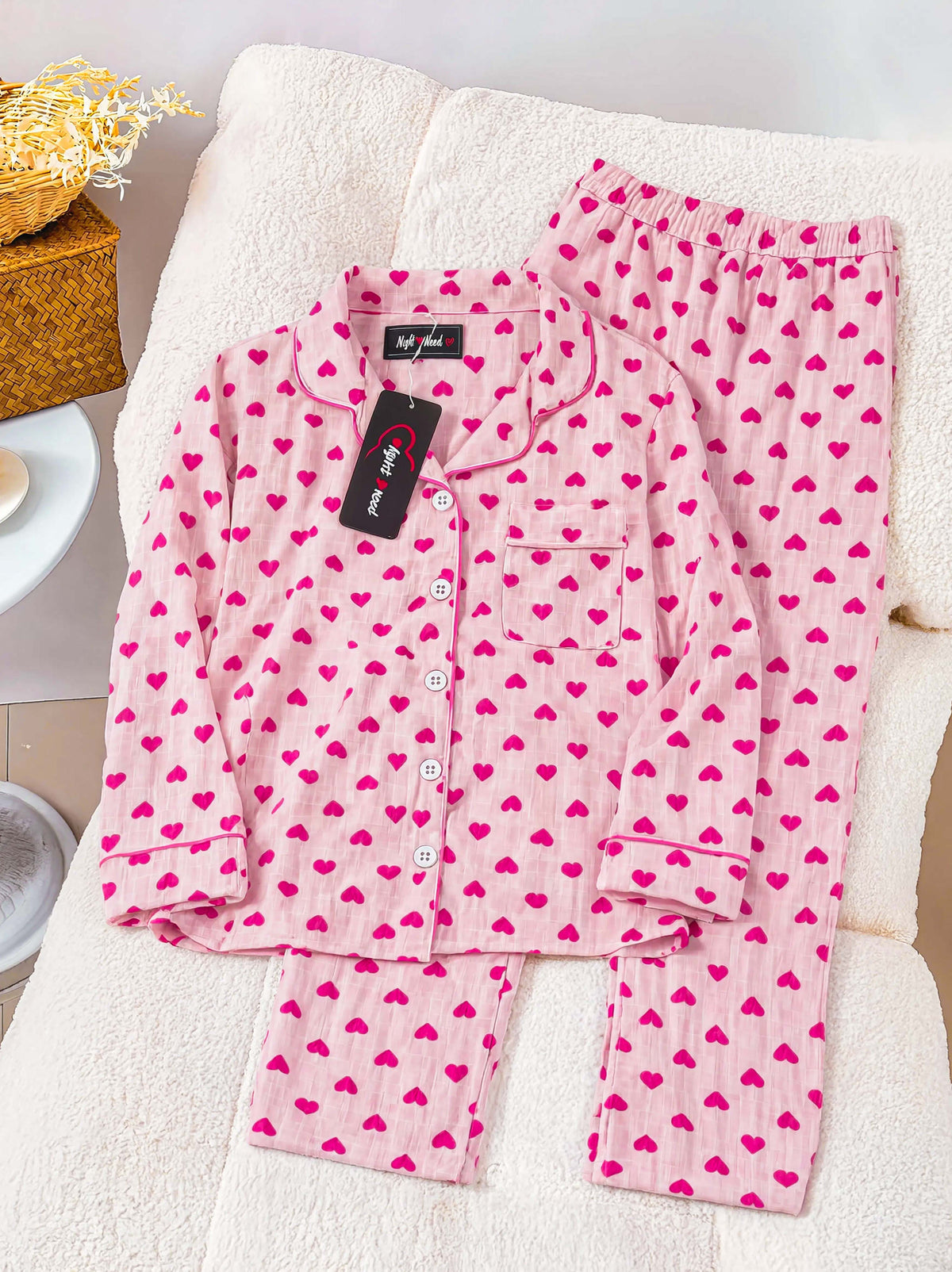 Kids Pink Heart Printed Crinkled Cotton Night Suit