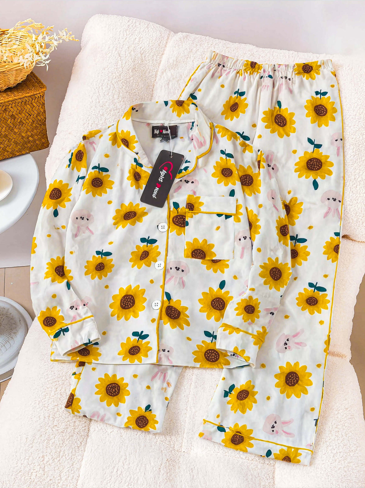 Kids Yellow Sunflower Printed Crinkled Cotton Night Suit