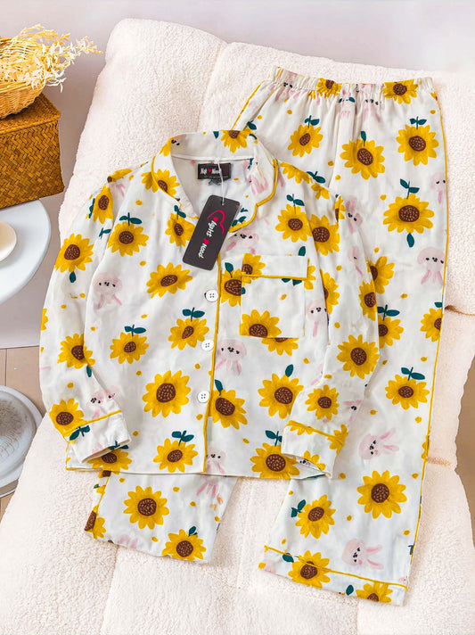 Kids Yellow Sunflower Printed Crinkled Cotton Night Suit