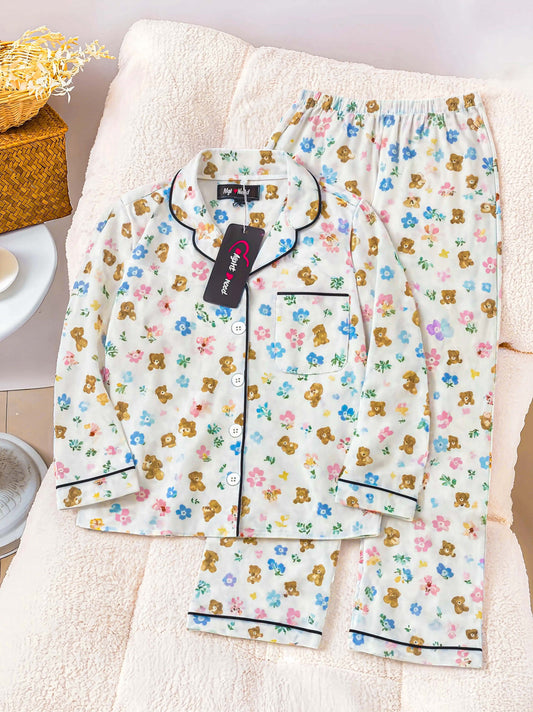 Kids Floral & Bear Printed Crinkled Cotton Night Suit