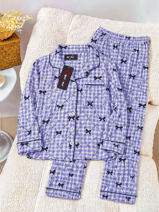 Kids Purple & Black Bow Printed Crinkled Cotton Night Suit