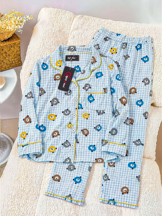 Kids Blue Cartoon Bear Printed Crinkled Cotton Night Suit