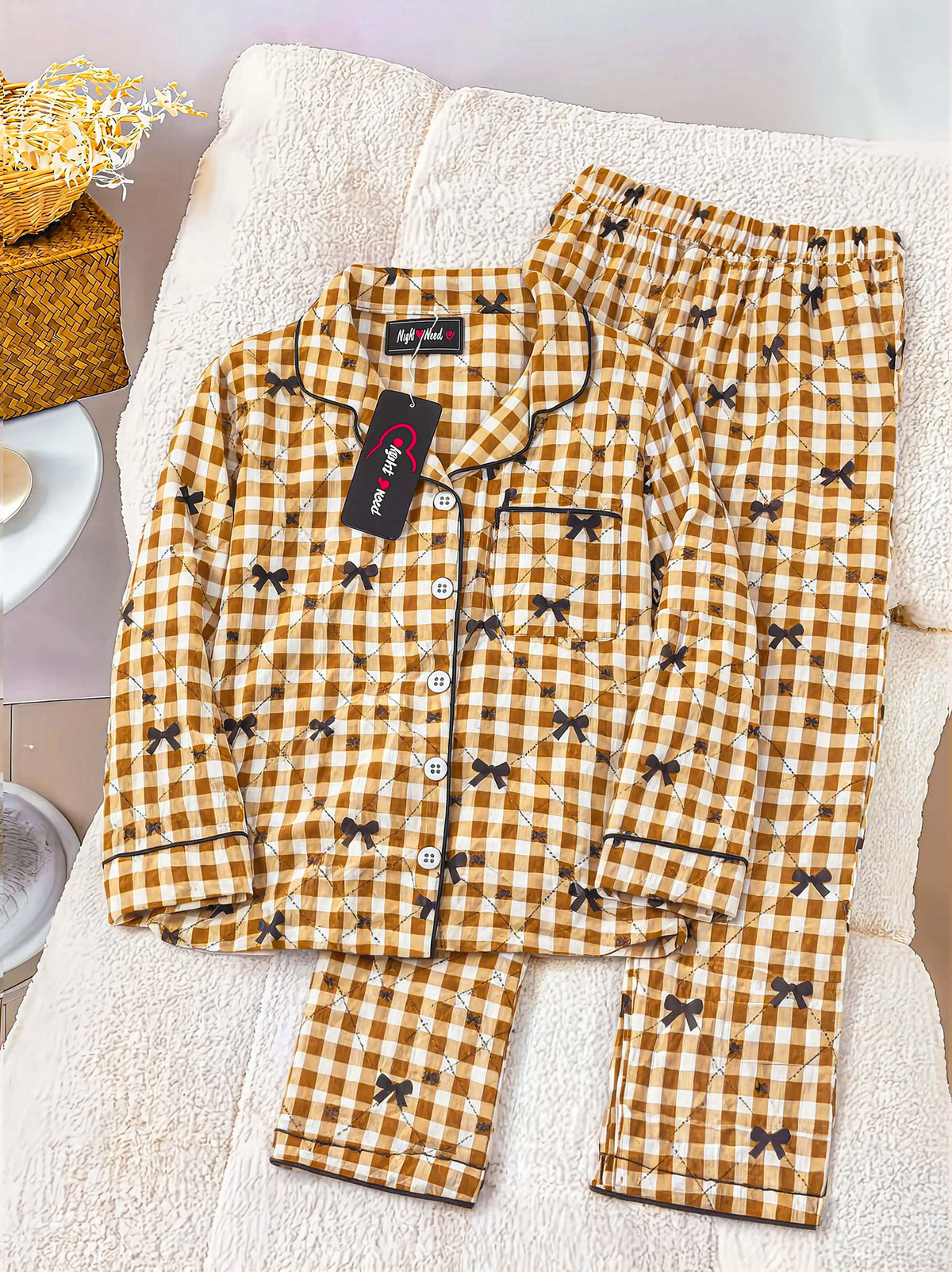 Kids Brown Checkered Printed Crinkled Cotton Night Suit