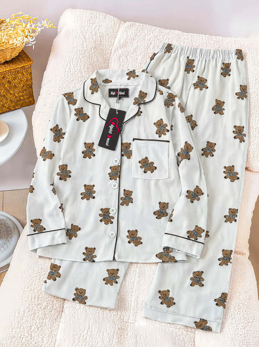 Kids Brown Teddy Bear Printed Crinkled Cotton Night Suit