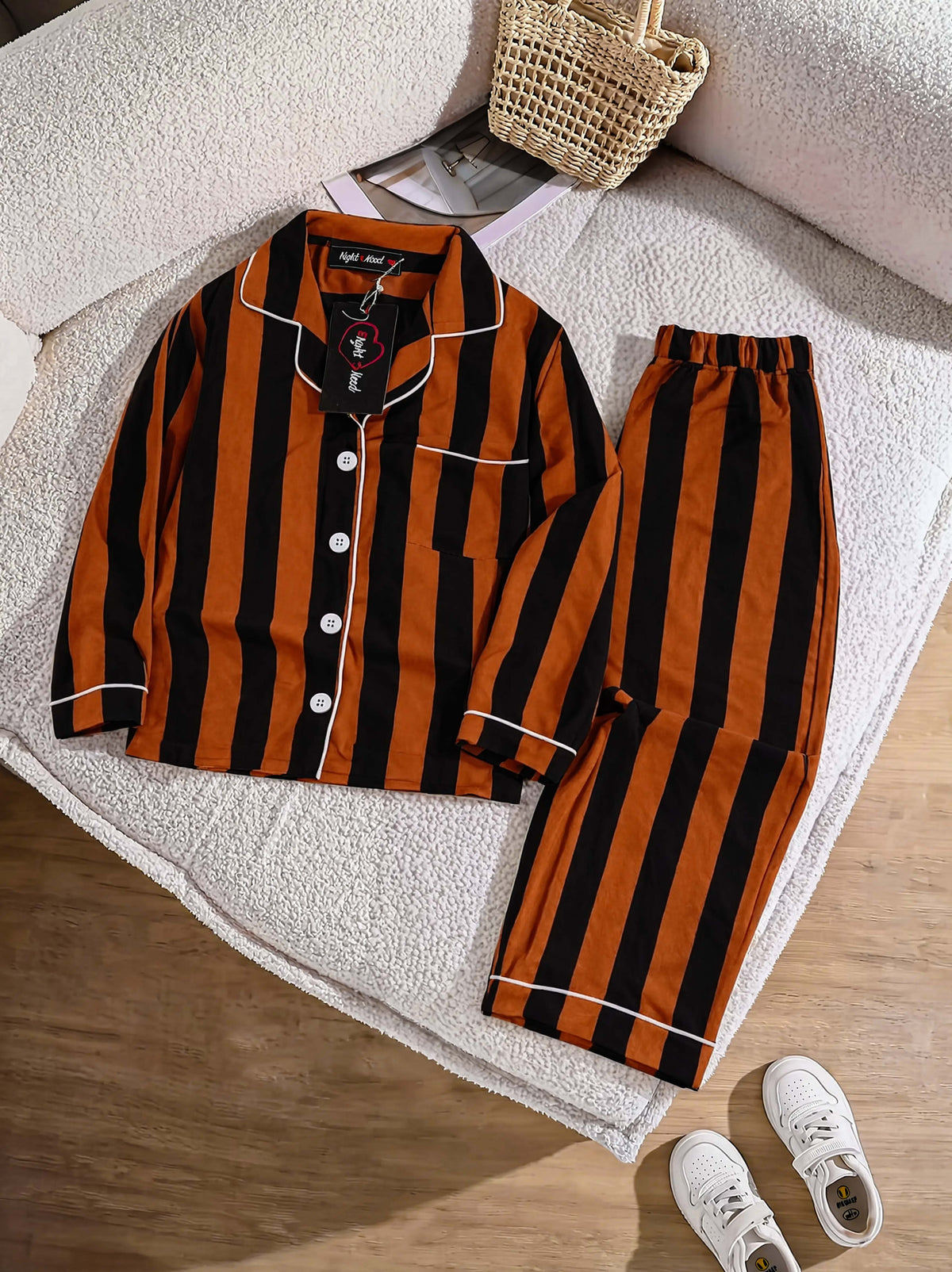 Kids Imported Premium Linen Printed Black Stripes Pj Set - PL10 | 2–12 Years