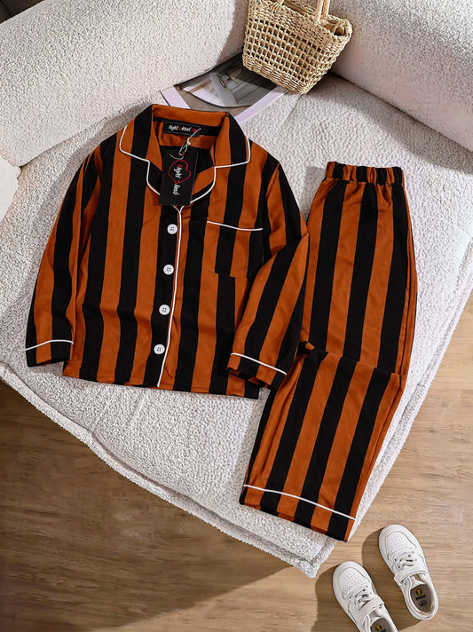 Kids Imported Premium Linen Printed Black Stripes Pj Set - PL10 | 2–12 Years