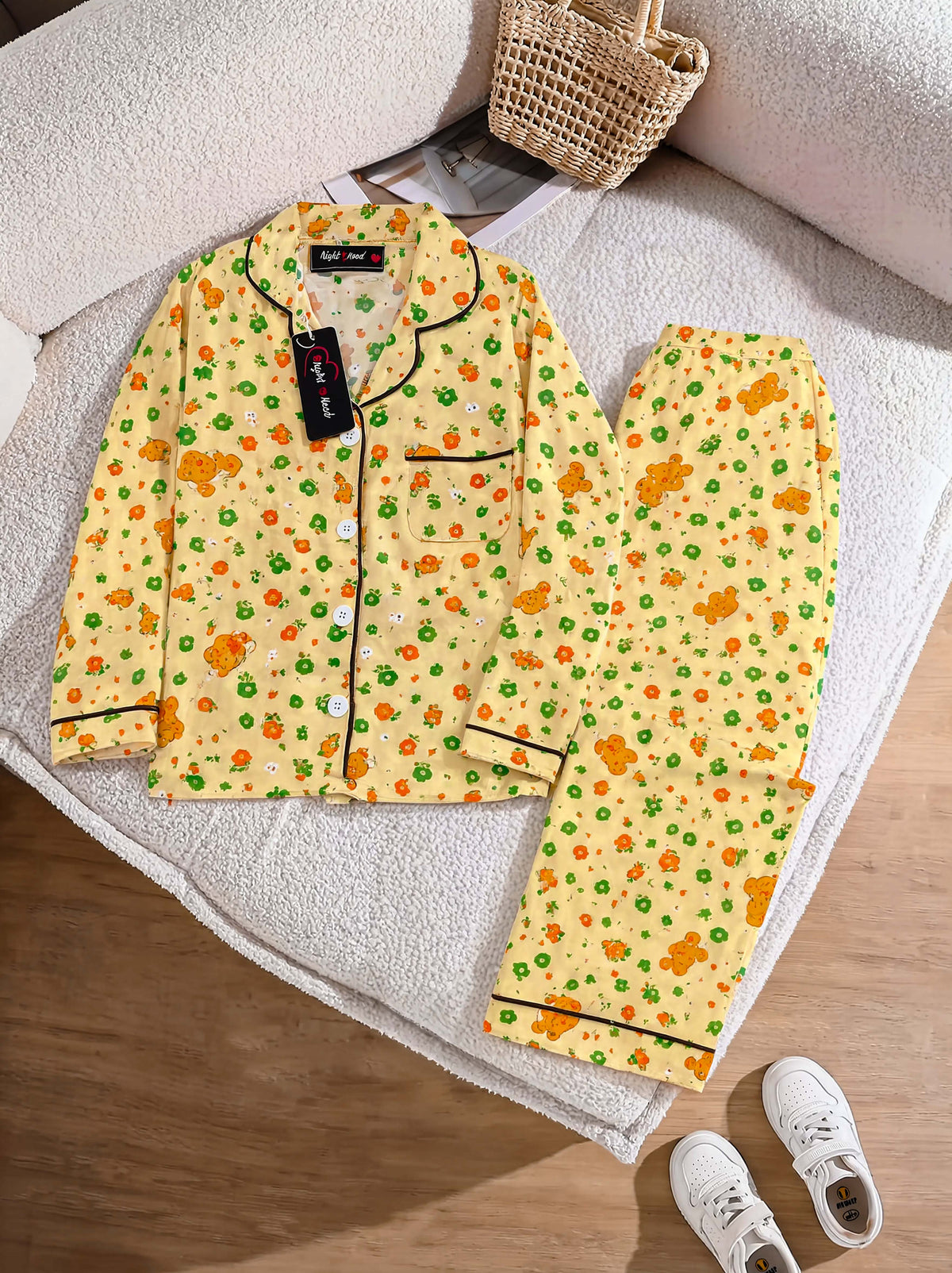 Kids Imported Premium Linen Printed Yellow & Cream Flowers Pj Set - PL6 | 2–12 Years