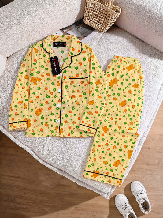 Kids Imported Premium Linen Printed Yellow & Cream Flowers Pj Set - PL6 | 2–12 Years