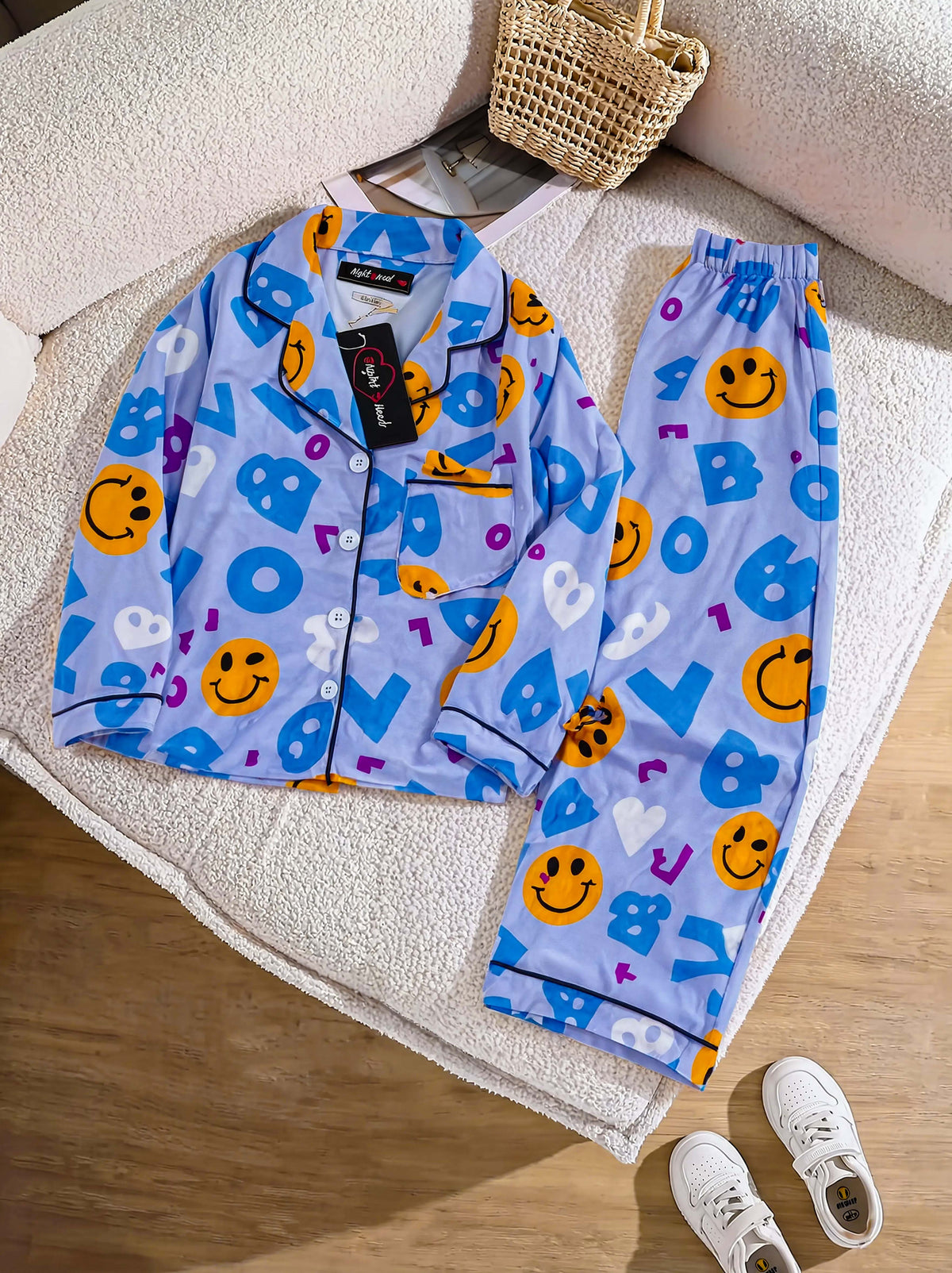 Kids Imported Premium Linen Printed Smiley Face Pj Set - PL4 | 2–14 Years