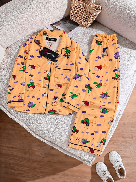 Kids Imported Premium Linen Printed Playful dinosaur Pj Set - PL7 | 2–12 Years