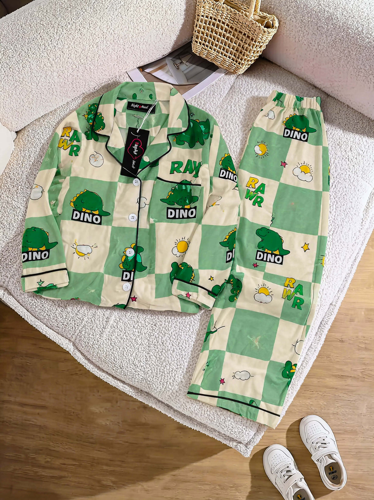 Kids Imported Premium Linen Printed Green Dino Pj Set - PL9 | 2–12 Years