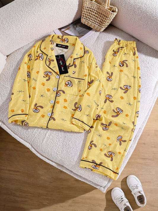 Kids Imported Premium Linen Printed Yellow Bunny Pj Set - PL1 | 2–14 Years