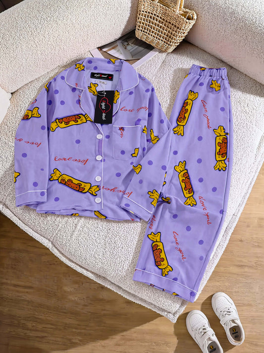 Kids Imported Premium Linen Printed Purple Candy Pj Set - PL3 | 2–14 Years