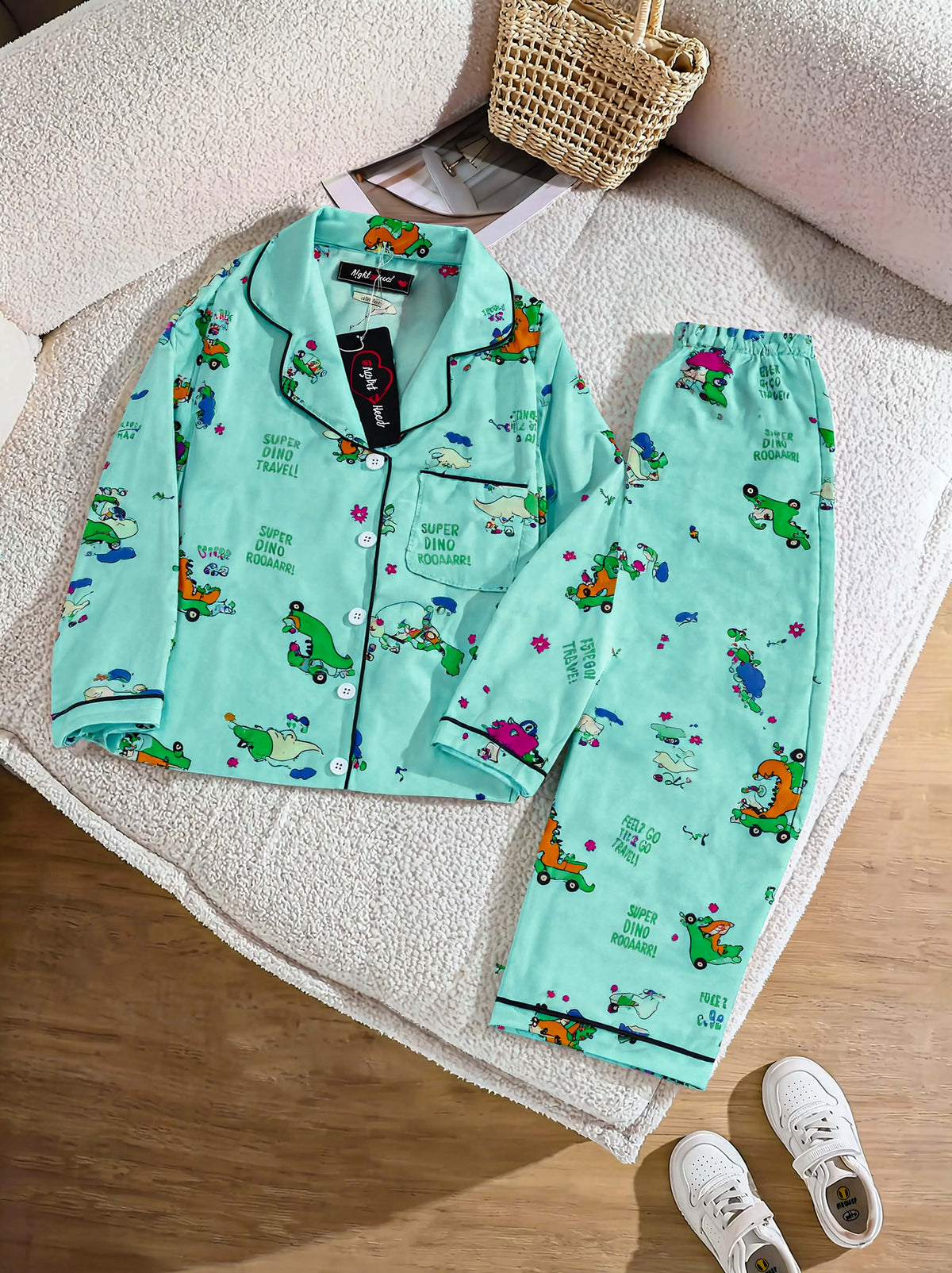 Kids Imported Premium Linen Printed Green Dinosaur Pj Set - PL5 | 2–14 Years