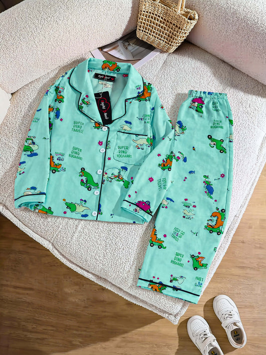 Kids Imported Premium Linen Printed Green Dinosaur Pj Set - PL5 | 2–14 Years
