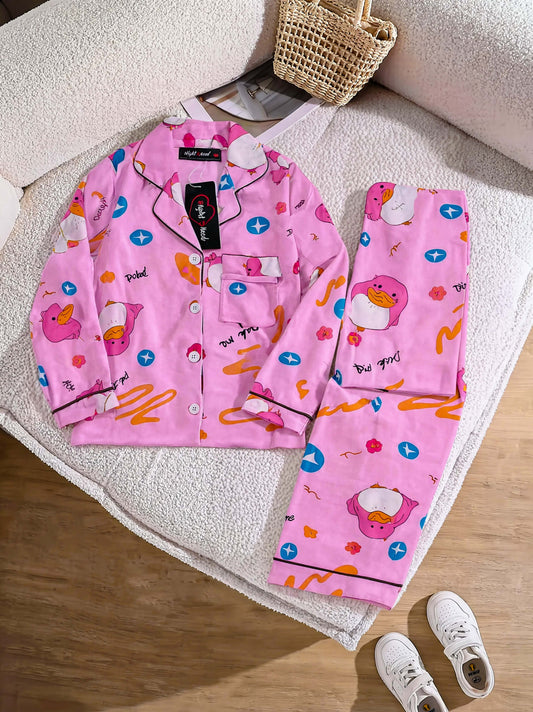 Kids Imported Premium Linen Printed Pink duck Pj Set - PL2 | 2–14 Years