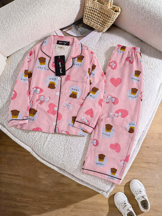 Kids Imported Premium Linen Printed Pink Hearts & Bows Pj Set - PL8 | 2–12 Years