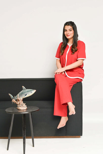 Red Plain Stylish Night Suit