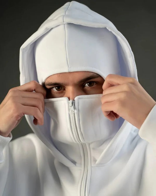 White Balaclava Ninja Zipper Hoodie Jacket For Men