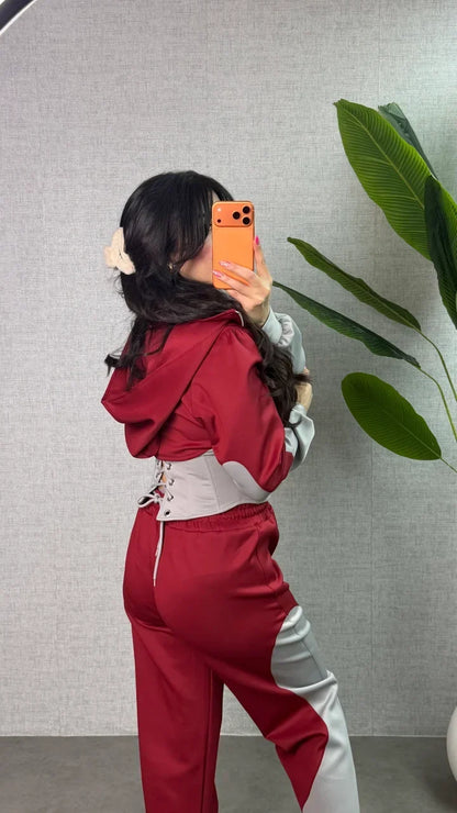Winter Maroon Colorblock Hooded 2 PC Co-Ord Set