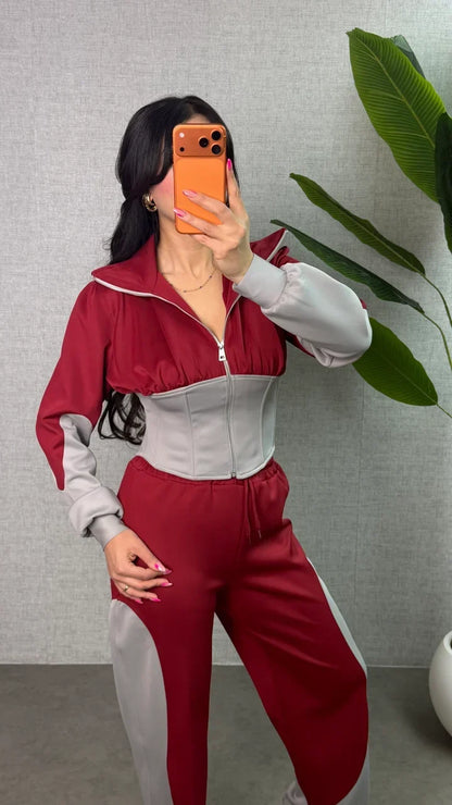 Winter Maroon Colorblock Hooded 2 PC Co-Ord Set