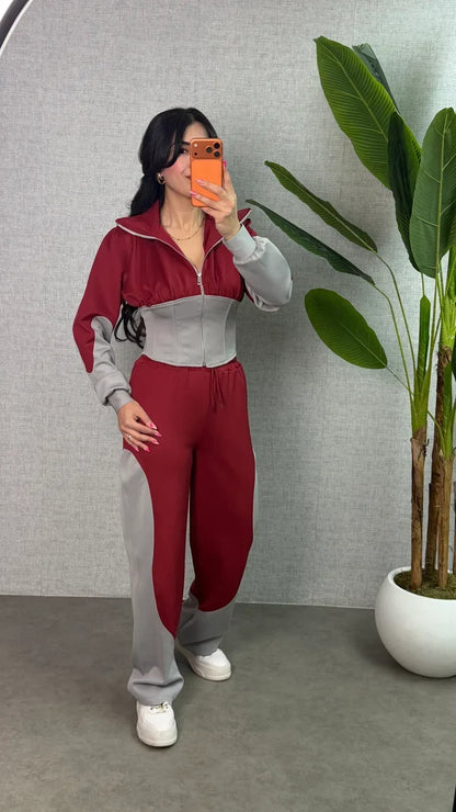 Winter Maroon Colorblock Hooded 2 PC Co-Ord Set