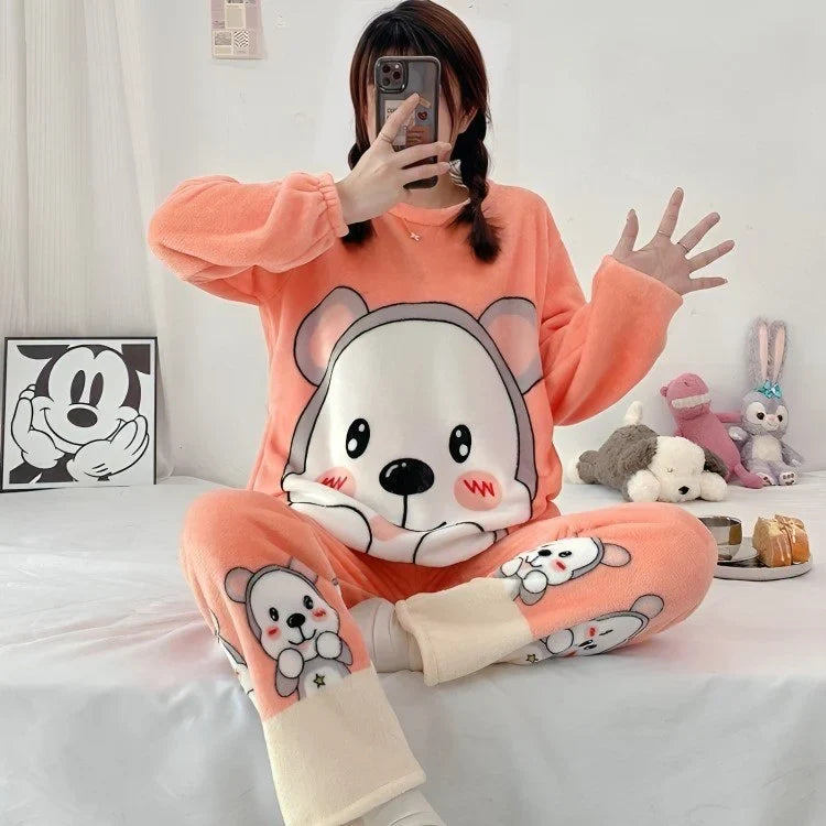 Winter Premium Fleece Peach Matching Patterned Printed Night Suit