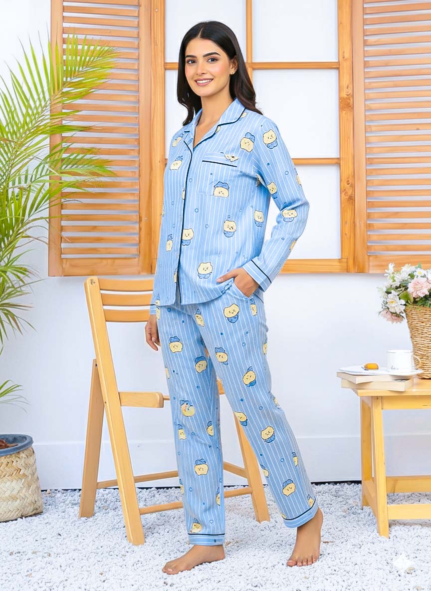 Imported Linen Printed Sky Blue Snow PJ Set-LP1
