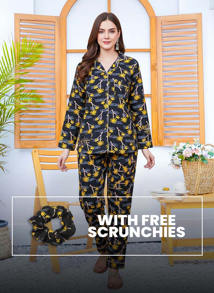 Imported Linen Printed Yellow Tree Shade PJ Set-LP30