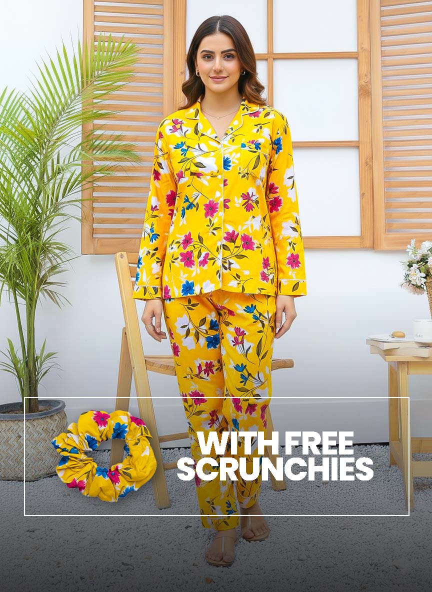 Imported Linen Printed Yellow Honey PJ Set-LP20