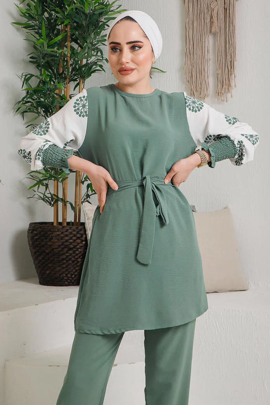 Winter Cyan Green Frock Style Printed Long Sleeves 2 PC Co-Ord Set