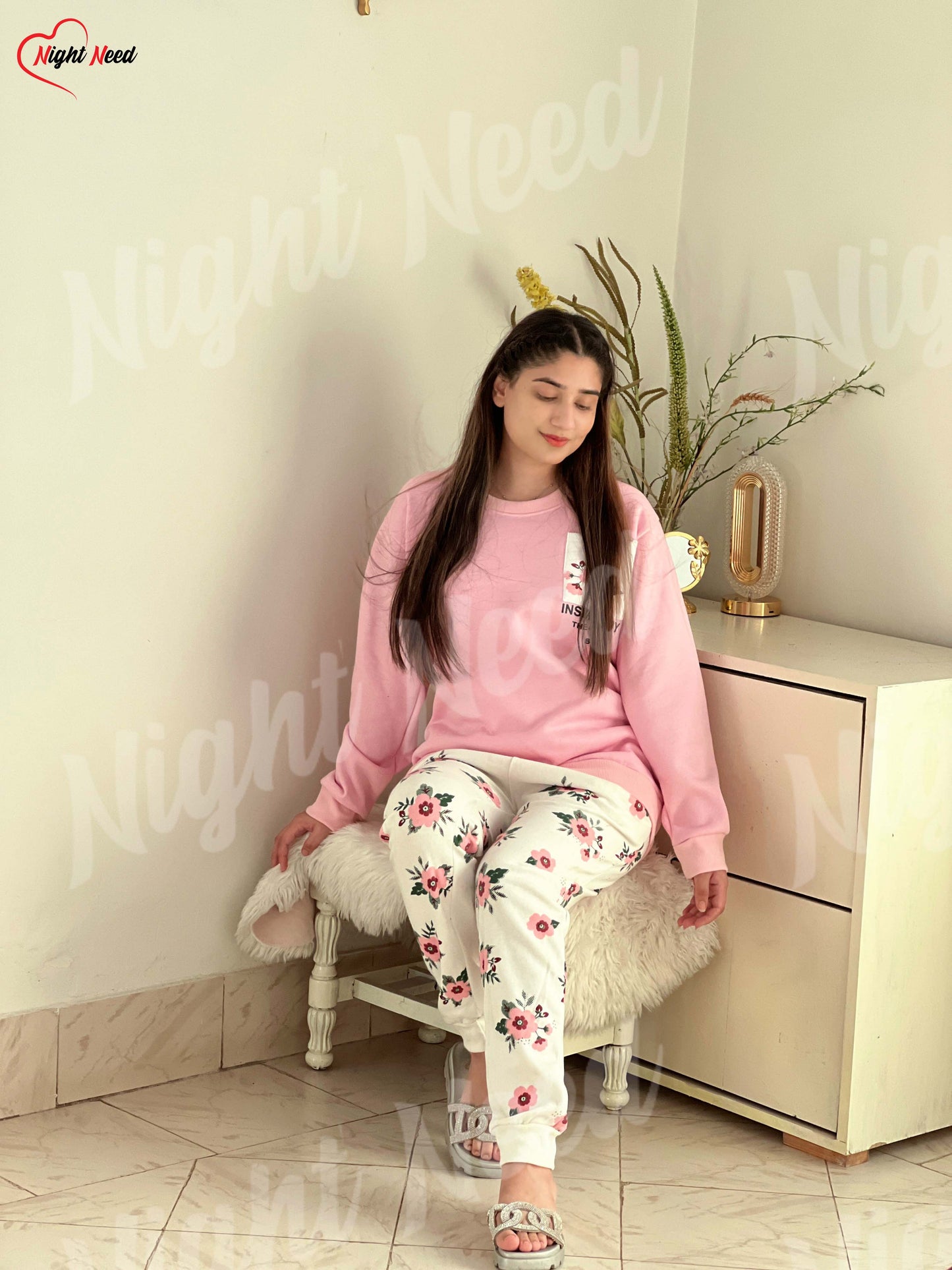 Winter Pink Pocket Printed Night Suit