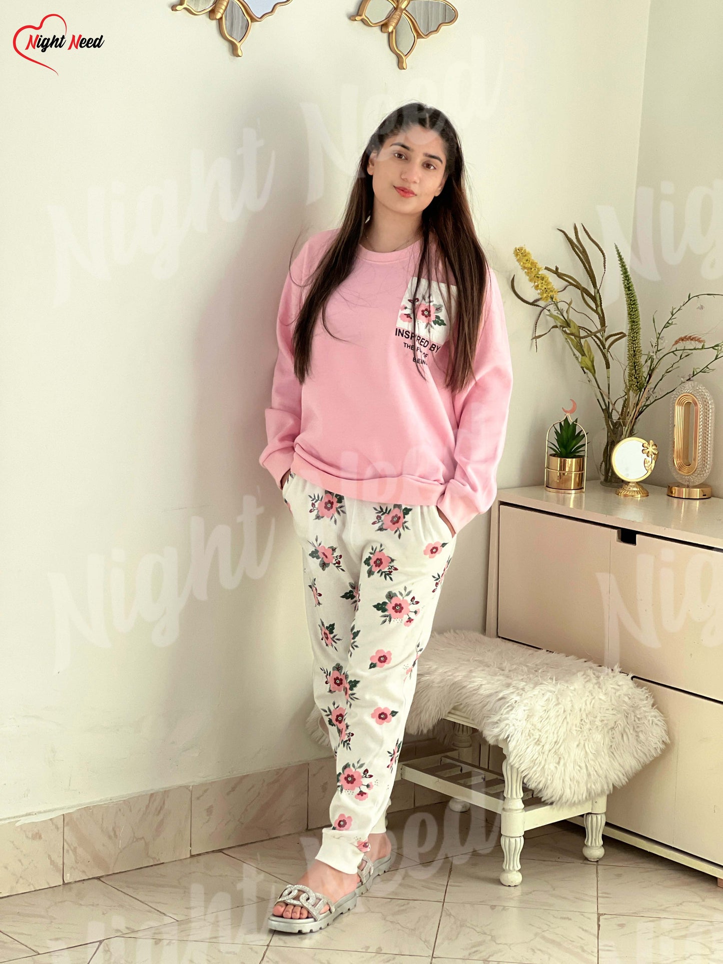 Winter Pink Pocket Printed Night Suit