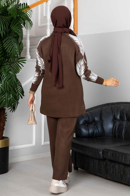 Winter Brown Feather Printed Long Sleeves Co-Ord Set